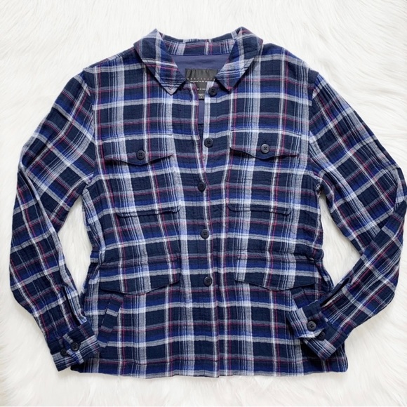 Sanctuary Navy Blue Plaid Tie Waist Long Sleeve Buttondown Shacket Jacket Top S - Picture 8 of 10